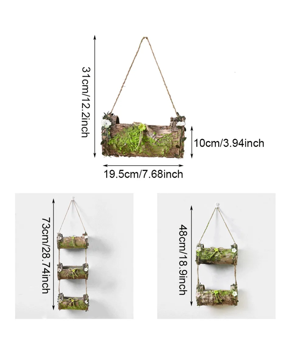 Household Wall Hanging Flower Pot Natural Bark Flower Pot Handmade Hemp Rope Bow Vertical Flower Pot Creative Wall Decoration