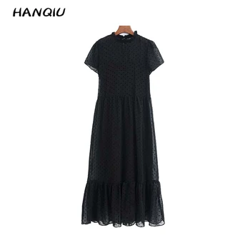 

2020 Summer vintage polka dot midi dress women casual short sleeve chiffon dress korean style solid black dresses streetwear