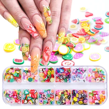 

12 Desigs Nail Fruit Slices Butterfly Decoration Decal Paillette Soft Polymer Clay Tips Cartoon Summer Nail Art Accessories LART