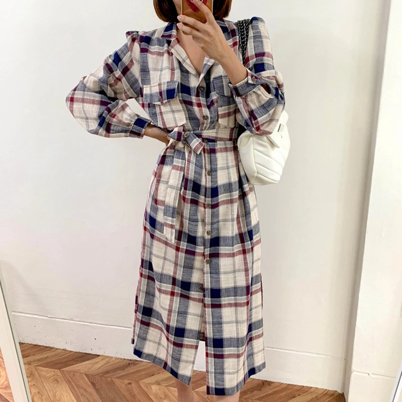 [EWQ] винтажное платье с длинными рукавами и клетчатыми свободное женское