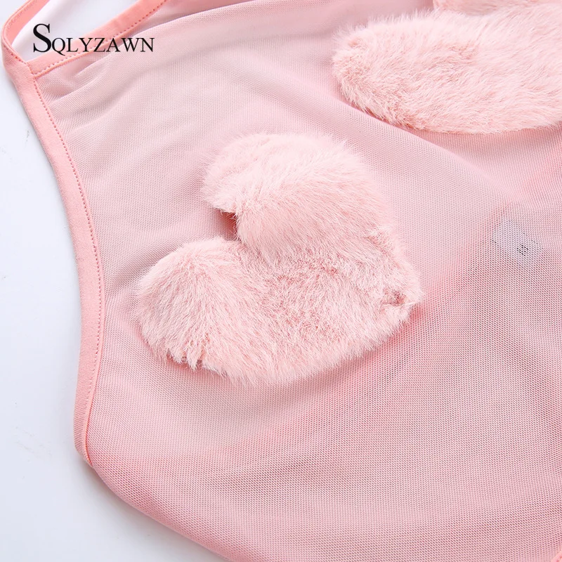 Sexy Sweet Mesh Pink Transparent Halter Crop Top Women Fleece Heart Backless Camis Streetwear Gothic Club Bralette Clothing