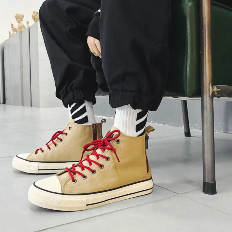

New Spring High Top Men Casual Vulcanize Shoes Boy Fashion Breathable Canvas Sneakers Lace-Up Comfortable zipper Shoes A55-12