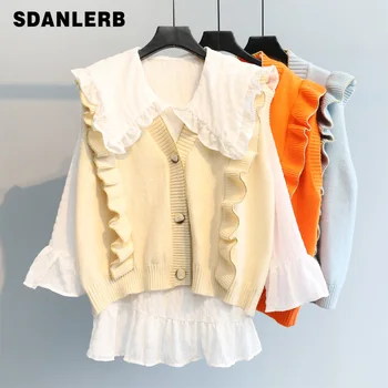 

Waistcoat Vest + Doll Shirt Women 2019 Autumn New Korean Loose V-neck Suit Knitted Sweater + Busas Student Sweater Jacket Suit