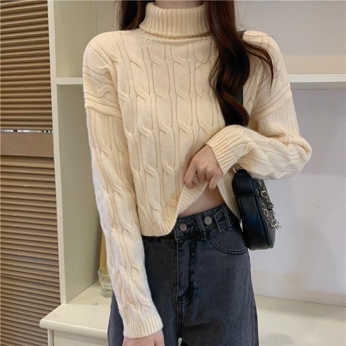 Lazy Style Turtleneck Pullover Outerwear Women's Autumn Winter Knitwear Long Sleeve Short Rac
