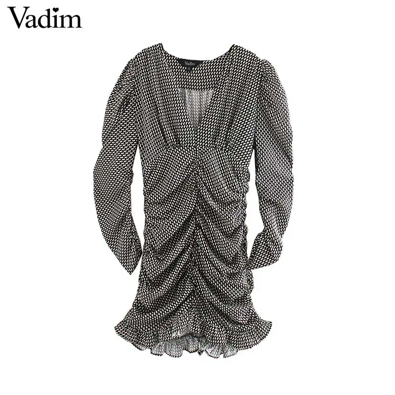 

Vadim women sexy print V neck mini dress pleated design long sleeve side zipper female fashion casual dresses vestidos QD094