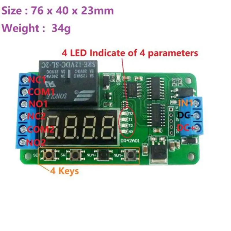 

12V Multifunction DR42A01 Timer DPDT Relay Module Double Pole Double Throw
