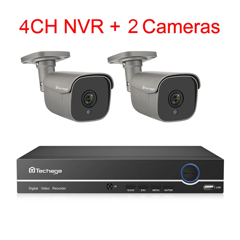 4CH NVR and 2 Camera Techage H.265 4CH 5MP POE NVR комплект системы видеонаблюдения двухсторонняя аудио сигнализация звук AI IP камера ИК Открытый видео безопасности комплект наблюдения - Цвет: 4CH NVR and 2 Camera