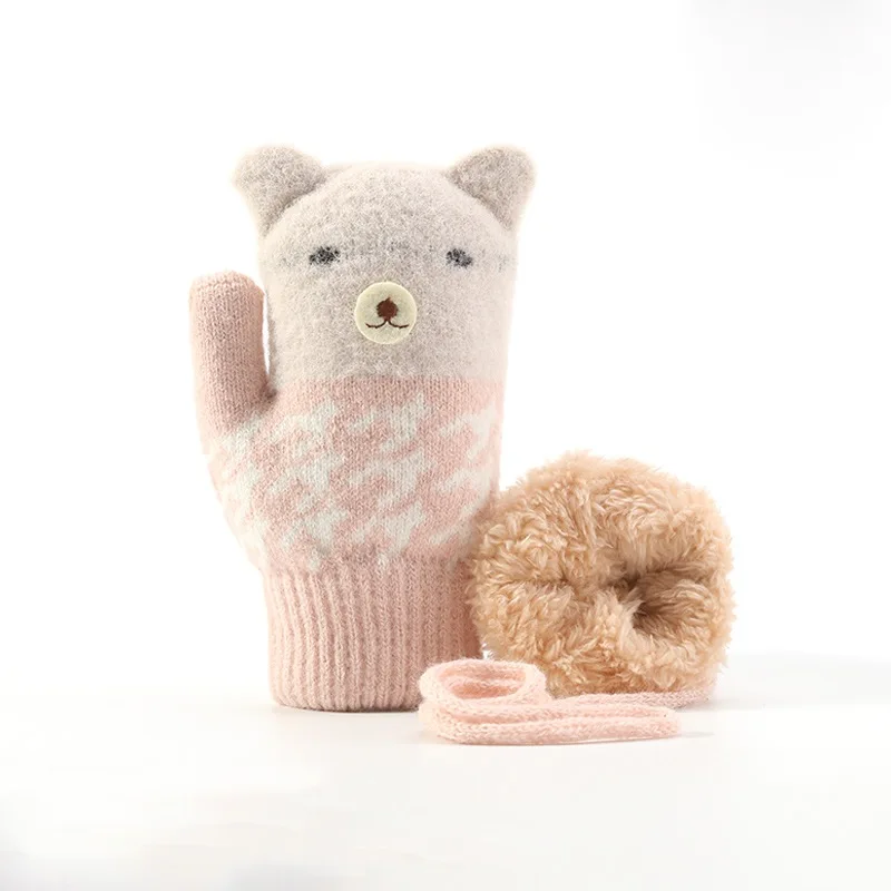 Зимние милые мягкие вязаные теплые мягкие толстые бархатные перчатки с медведем для мальчиков и девочек