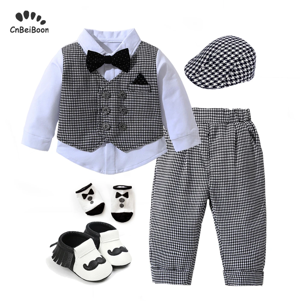 

Baby boy Houndstooth clothing sets cotton shirts vest pant shoes hat socks 5pcs suits infant boy's clothes sets birthday gift