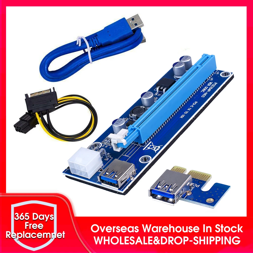 Wholesale PCI-E Express 1x to16x Extender Riser Adapter Card USB 3.0 6Pin Cable 