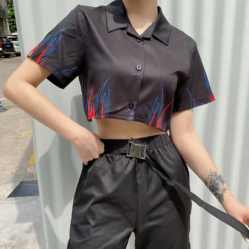 IAMSURE Streetwear Fashion Flame Print Women Cropped Shirts Summer Turn-down Collar Short Sleeve Ladies Blouses Harajuku