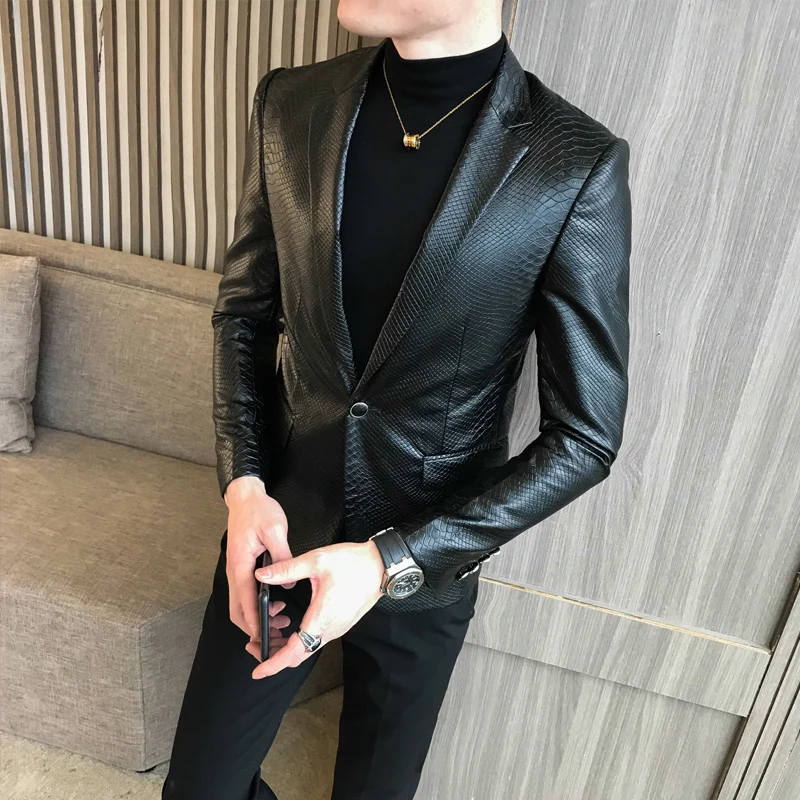 Черные костюмы из искусственной кожи, блейзеры, мужской брендовый пиджак для свадебной вечеринки, повседневный приталенный пиджак, кожаный мужской костюм Homme - Цвет: black 2