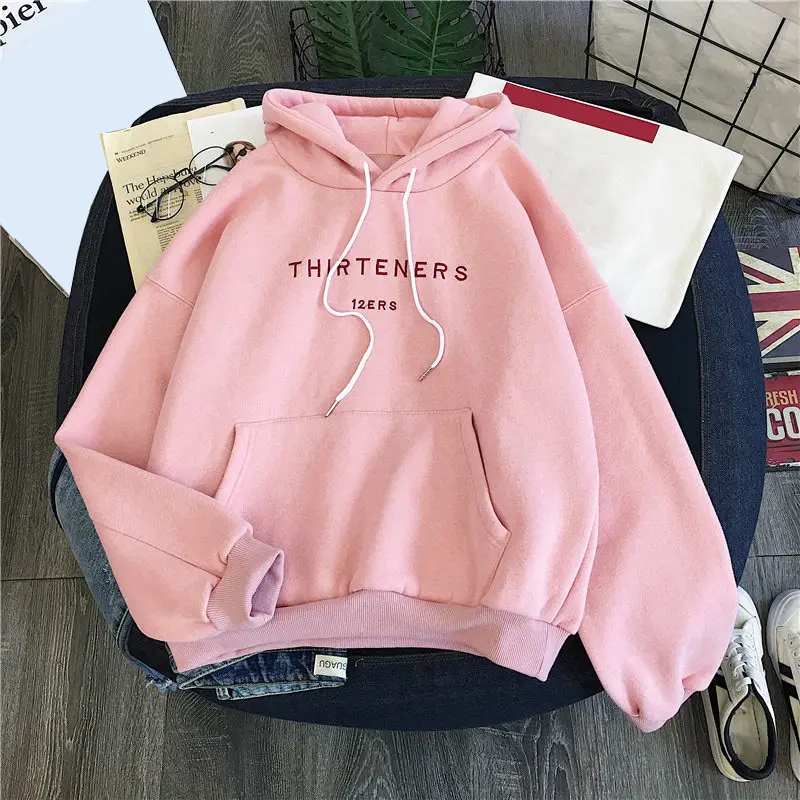 Pink Плюс бархатные толстовки для женщин осень с буквенным принтом пуловеры с молнией с капюшоном женские толстовки повседневные свободные свитшоты - Цвет: Pink