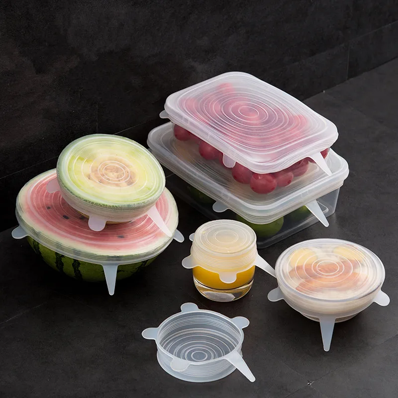 

6pc/Set Reusable Silicone Food Packaging Cover Fresh-Keeping Sealing Cap Vacuum Stretch Cap Packaging Kitchen Silicone Cover