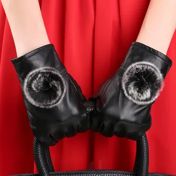 

Winter Gloves Women Wrist Leather Sheepskin Rabbit Hair Ball Plush