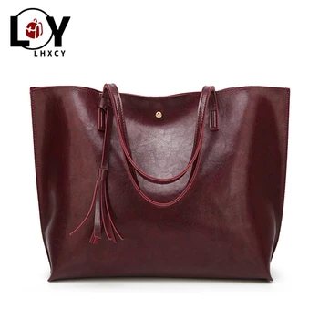 

Big Capacity Tassel Hasp Oil Wax Pu Leather Women Tote Bag High Quality Luxury Famous Brand Shoulder Bag Simple Designer Handbag