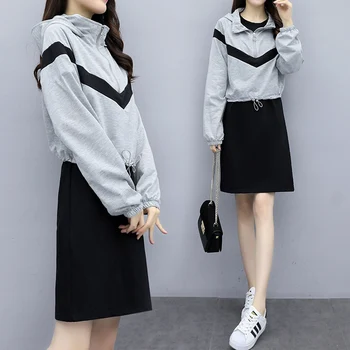 

2020 Spring Two-piece Sets Size Large Size 5XL Women's Hooded Short Sweatershirt Loose Short-sleeved Dress Casual Two-piece suit