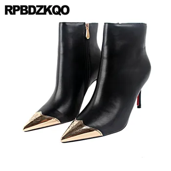 

sexy metal 10 black fetish thin shoes extreme booties ankle big size stiletto pointed toe women high heel brand side zip boots