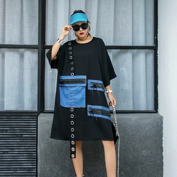 

Fashion Streetwear Plus Size Mid-Length T-shirt Female Summer Fat Mm Denim Large Pocket Patchwork O-Neck Short-Sleeved Top