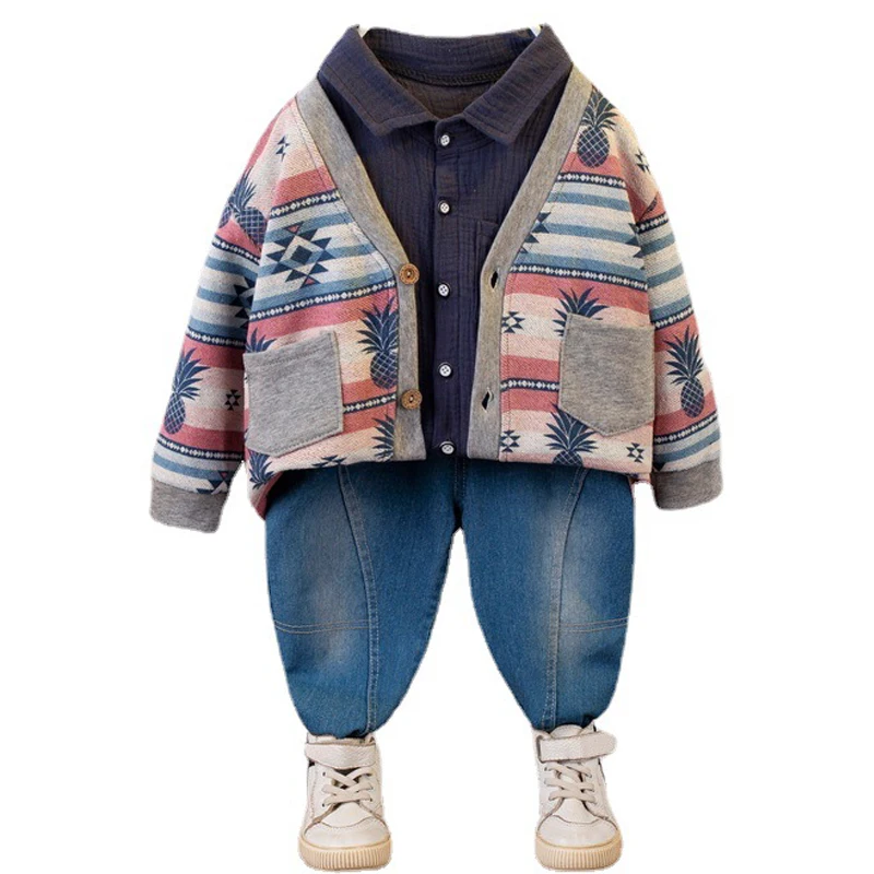 

Spring Autumn Children Clothing Set 3pcs 2021 New Pineapple Print Sweater Shirt Jeans Kid Tracksuit Baby Girls For Boys Clothes