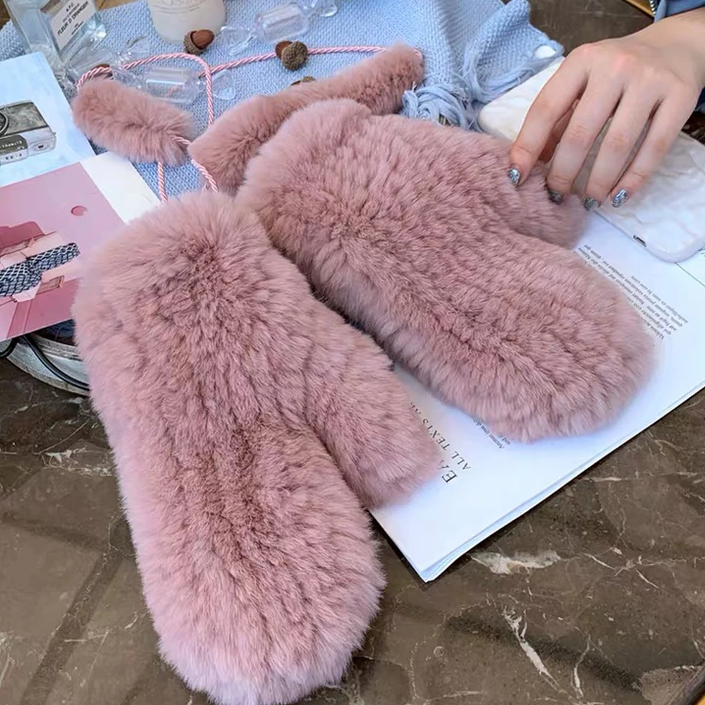 Guanti senza da in vera pelliccia di coniglio Rex lavorata a maglia