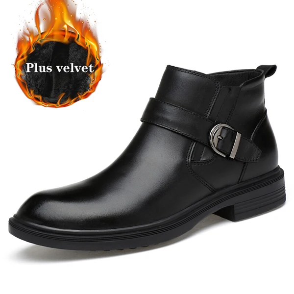 Мужские зимние ботинки из натуральной кожи; теплые зимние мужские ботинки из бархата; мужские Ботильоны; деловая модельная обувь - Цвет: black Plus velvet