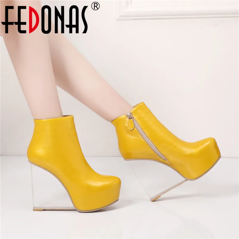 

FEDONAS Winter Fashion Female Wedges Short Boots Genuine Leather Brand Women Ankle Boots Night Club Shoes Woman New High Heels