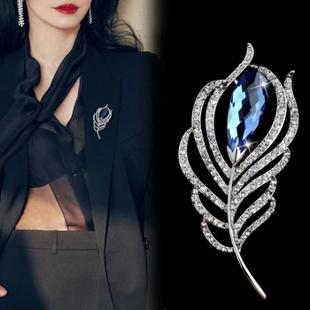 

Chic Feather Brooch Rose Gold Silver Color Clear Blue Zircon Full Tiny Crystal Pearl Brooch For Women Jewelry