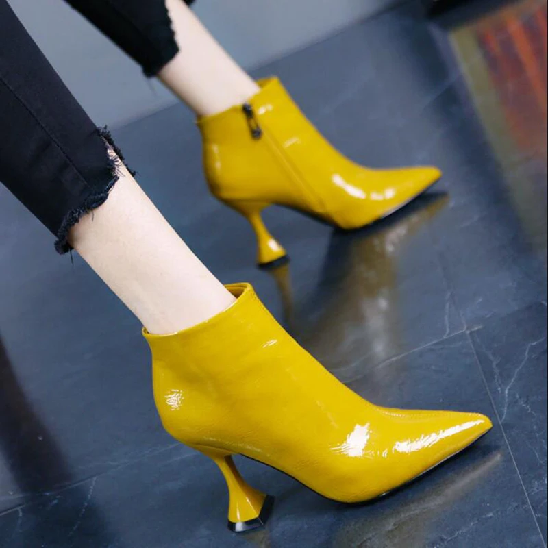 

Winter Boots Ankle Boots Women Shoes Woman Boots Fashion High-heeled Pointed Patent Leather Short Boots 2019 Winter Short Fur