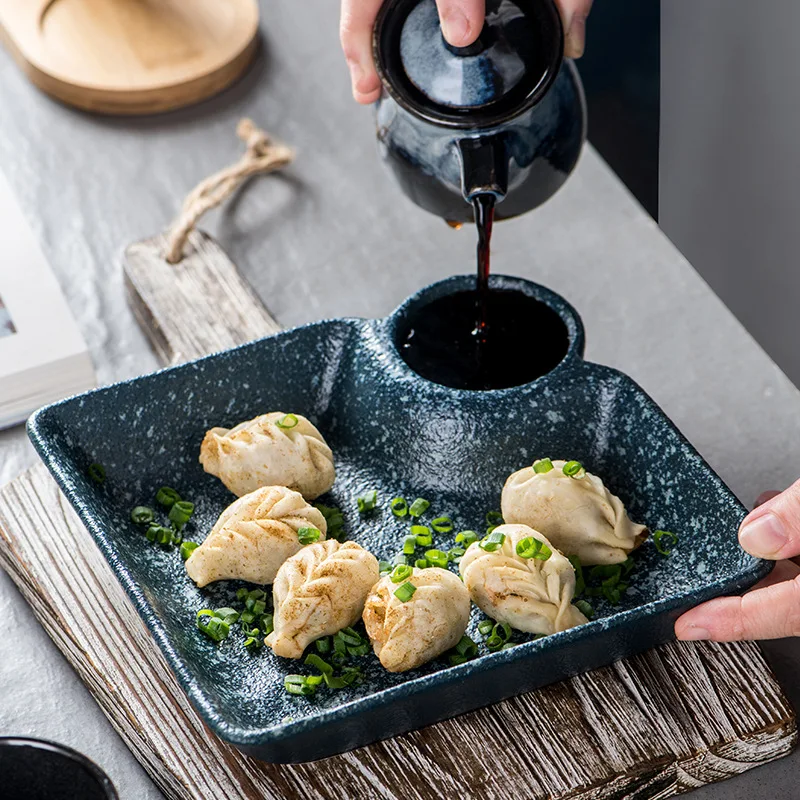 Japanese Ceramic Dumpling Plate with Vinegar Tableware, Simple and Creative Household Division Sushi, Shrimp Fries
