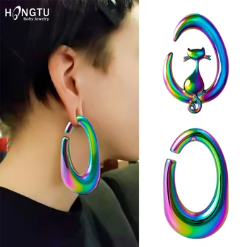 

HONGTU 1PC Surgical Steel Cat Ear Weights Rainbow Plated Ear Heavy Gauges Ear Hangers Stretched Dangle Body Piercing Jewelry 0G