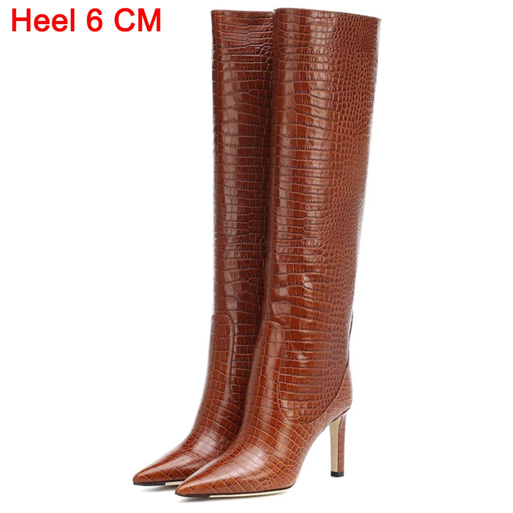 New Fashion Sexy Luxury Crocodile Pattern Knee High Heels Women's Boots Banquet Party Wedding Stiletto Mid Calf Boots Woman 