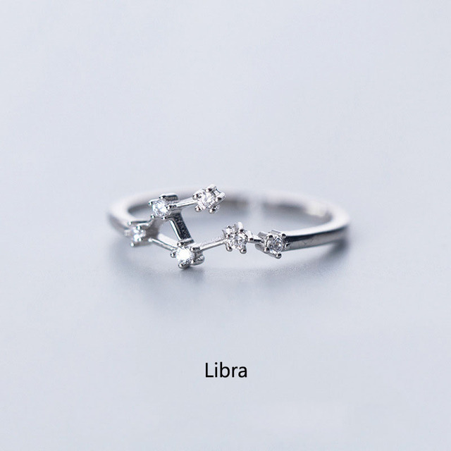 Elegant Zodiac Sign Finger Rings for Women Silver Color Adjustable CZ Zircon Ring 12 Constellation Jewelry Birthday Gift