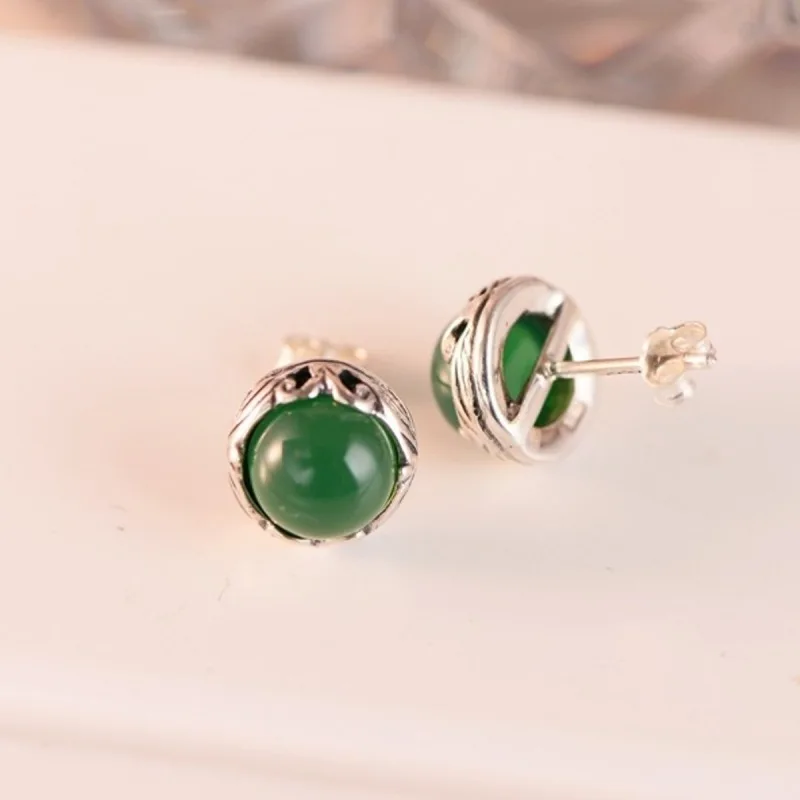 Green Jade Серьги из стерлингового серебра, лазурит/красный зеленый нефрит, круглые серьги-гвоздики, 16x10 мм, подарок для женщин - Цвет камня: Green Jade