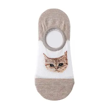 

Female Girls Kawaii Cartoon Cat Jacquard Invisible Boat Socks Breathable Mesh Top Non-Slip Silicone Grip Summer Thin Cotton Hosi