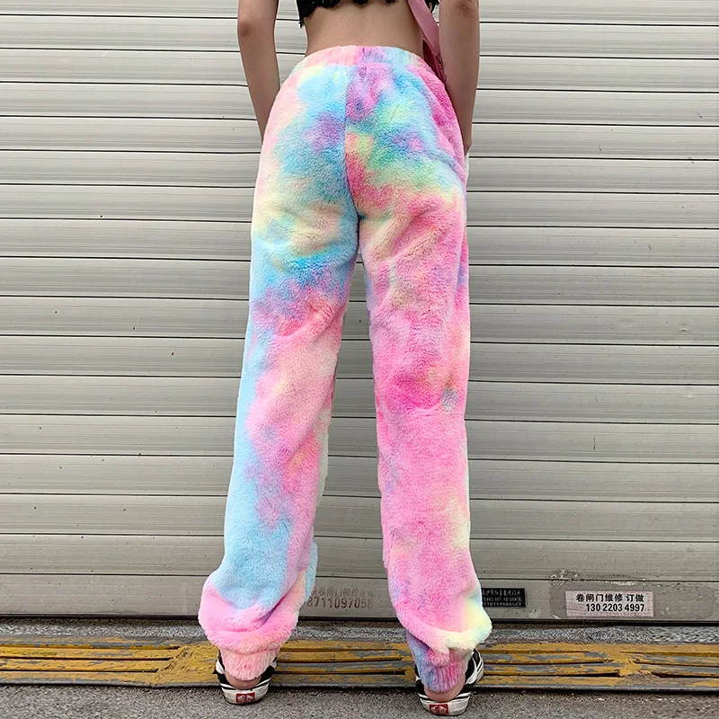 OMSJ Фланелевые штаны для бега с высокой талией и принтом Tie Dye, женские мягкие теплые цветные уличные штаны с мехом на осень и зиму