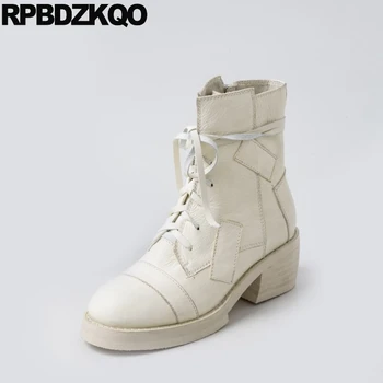 

genuine leather black chunky round toe british block combat 2019 front lace up casual ankle boots autumn military shoes women 9