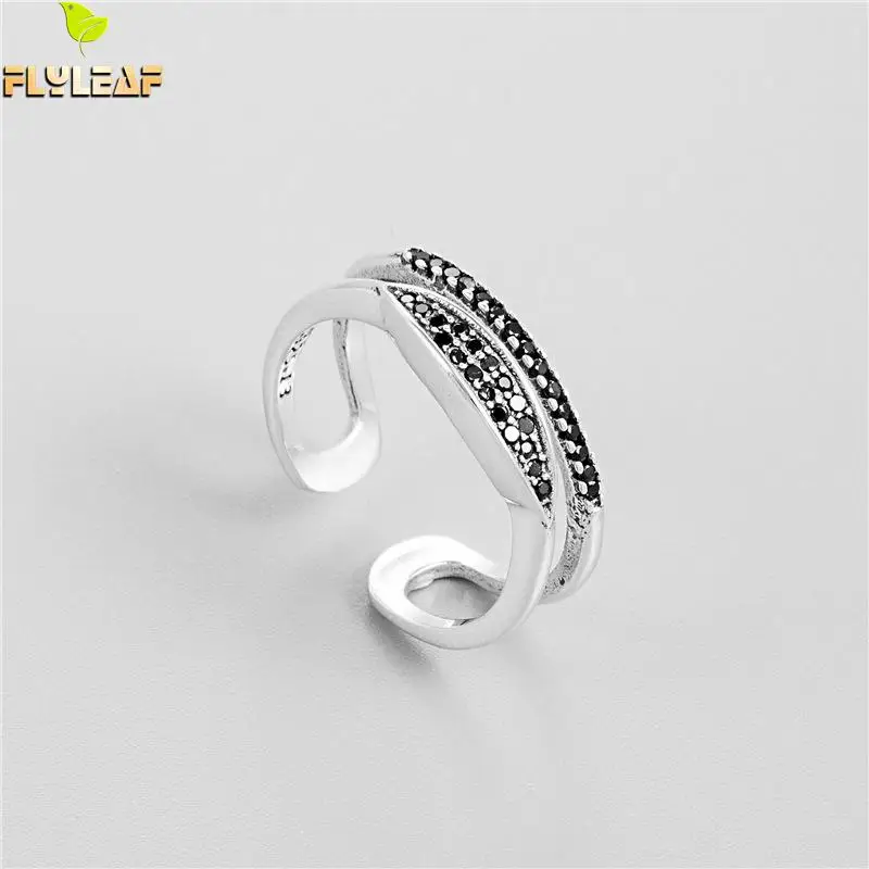 

Flyleaf Double Layer Black Cubic Zirconia Real 925 Sterling Silver Rings For Women High Quality Fine Jewelry Open Ring Vintage