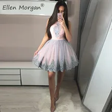 Короткие мини простые платья для выпускного вечера с вырезом лодочкой без рукавов с аппликацией трапециевидной формы из тюля для особых случаев