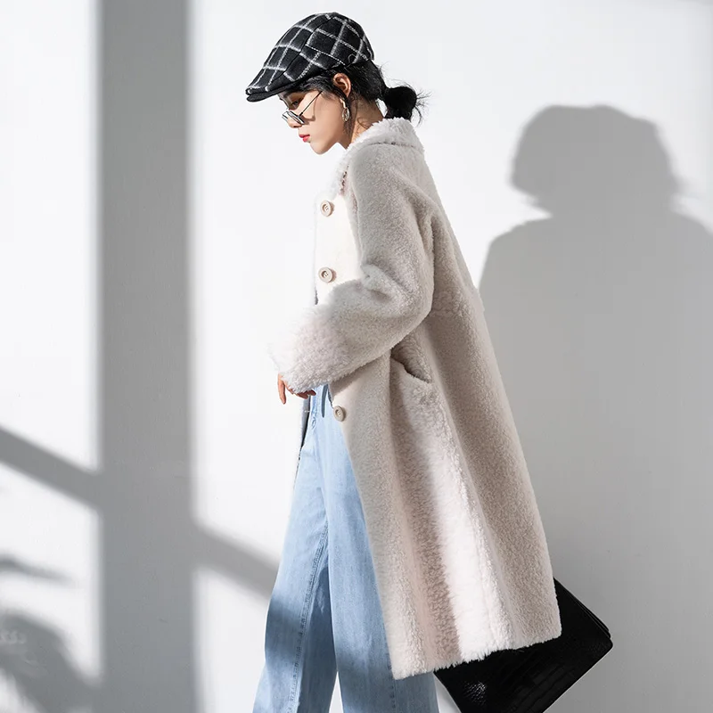 AYUNSUE натуральное меховое пальто, зимнее пальто для женщин, Овечья овчина, шерстяное пальто, женская куртка, корейское длинное пальто, Manteau Femme T897 - Цвет: creamy white