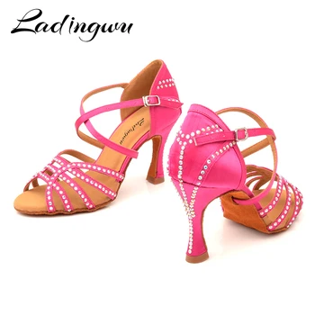 

Ladingwu Pink Red Shoes Wonan Satin Latin Dance Shoes Salsa Red pomegranate Rhinestones Soft Bottom Ballroom Dance Shoes