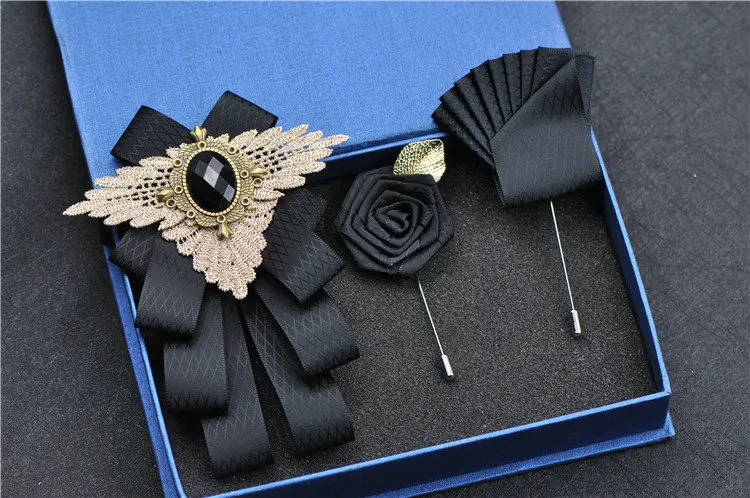 3pcs Bow Tie Set Элегантный мужской и женский деловой Галстук Свадебная вечеринка сплав броши галстук-бабочка со стразами набор полосатый носовой платок Карманный квадратный галстук-бабочка - Цвет: 3pcs Bow Tie Set