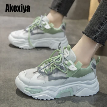 

Fashion platform sneakers women 2020 Spring Autumn shoes women Breathable Mesh Bling Lace-Up sneakers Green gray s811
