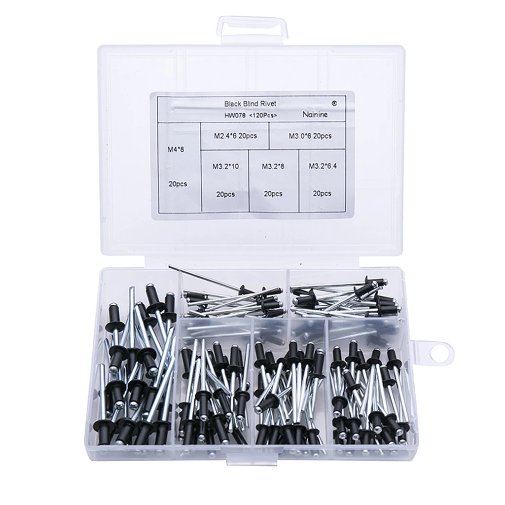 

120Pcs/set M2.4 M3.0 M3.2 M4 Black Aluminium Blind Rivets Nail Decoration Pop Rivets For Furniture Assortment Kit