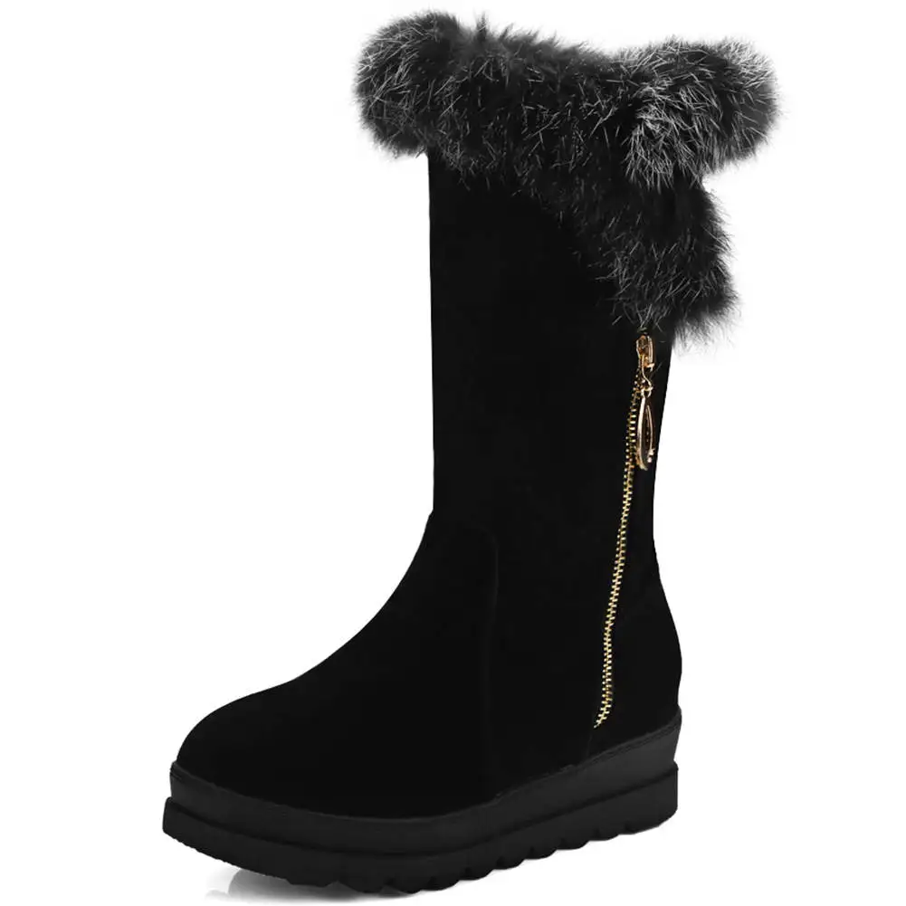 RIBETRINI Thermal Fur Boots Women Hidden Wedge Heels Round Toe Platform Shoes Woman Rabbit Hair Nubuck Snow Boots Big Size - Color: Black