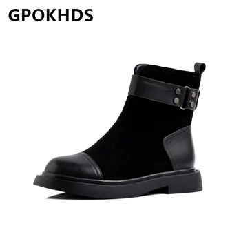 

GPOKHDS 2021 women Ankle boots Cow leather Winter short plush Round Toe Zipper Med heels female Riding boots size 40