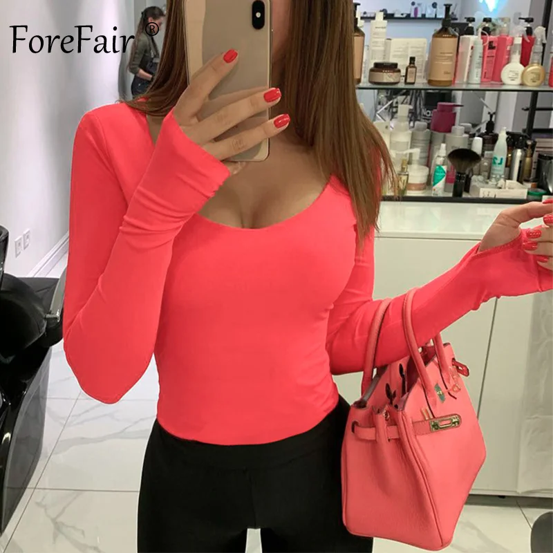 Forefair, Осенний сексуальный боди с длинным рукавом, женские топы, Клубная одежда, обтягивающие, с низким вырезом, розовый, оранжевый, облегающие комбинезоны - Цвет: Pink Bodysuit