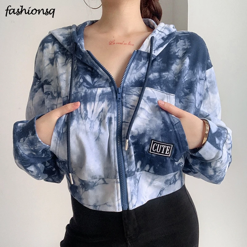 

2020 Autumn Cropped Hoodies For Women Casual Girls' 90s Tie Dye Print Sweatshirts Long Sleeve Blue Pullover Streetwear олсовка