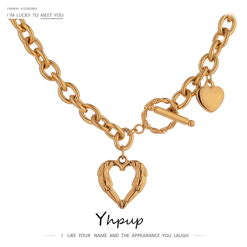 Necklace Chain-Collar Stainless-Steel Gold Yhpup Geometric Women Metal Heart for Anniversary