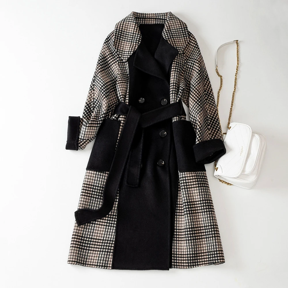Cthink шерстяное женское клетчатое лоскутное черное приталенное пальто для женщин модное офисное женское теплое длинное зимнее пальто